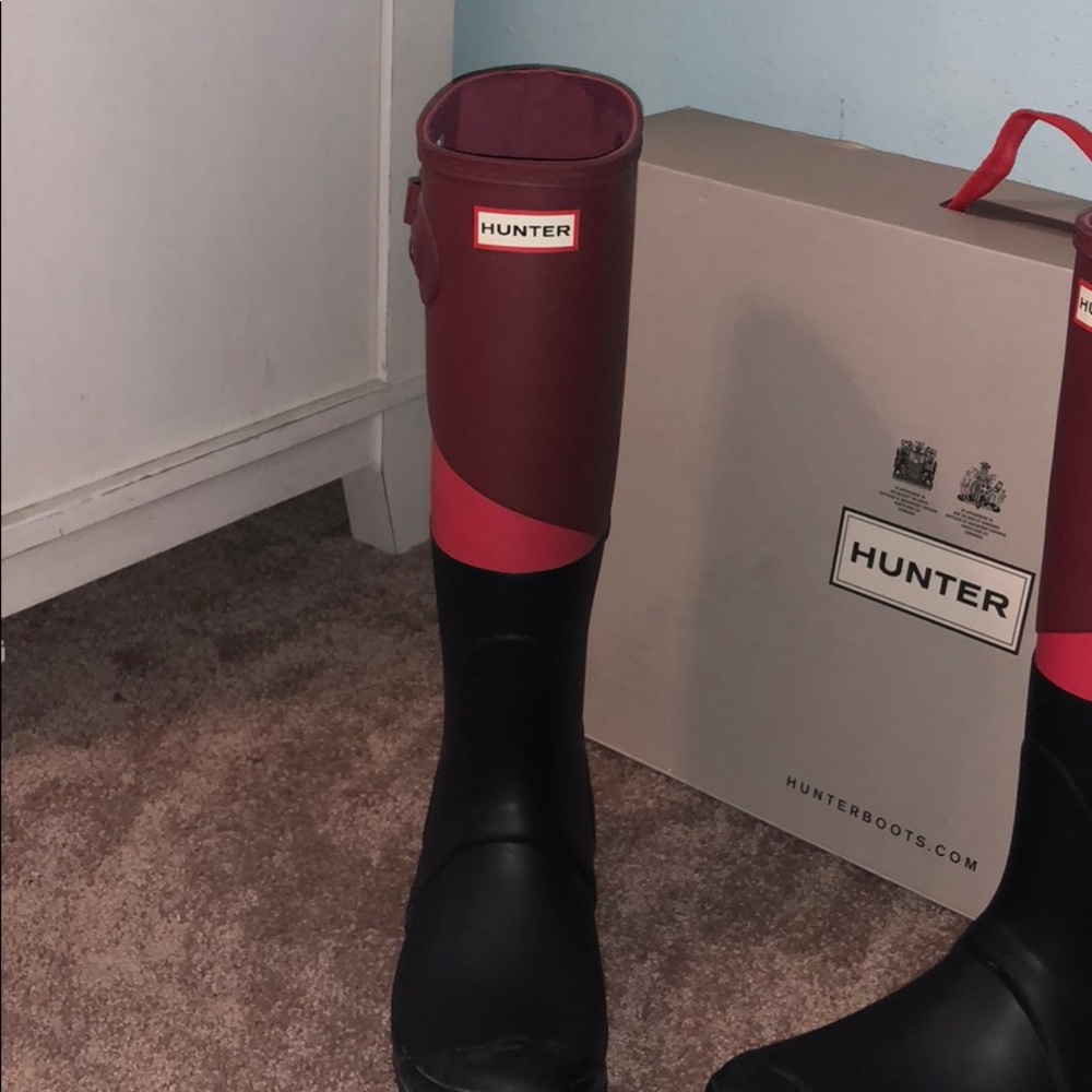 Hunter rain boots.